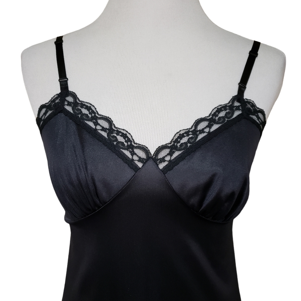 Vintage Slip Dress 70s 80s Chemise Size 34 Black Lace Trim - Picture 2 of 6